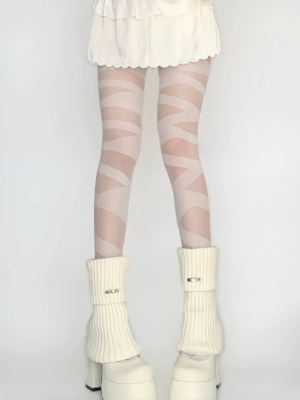Women's Cross Bandage Straps Pattern Print White Tights Pantyhose Stockings
